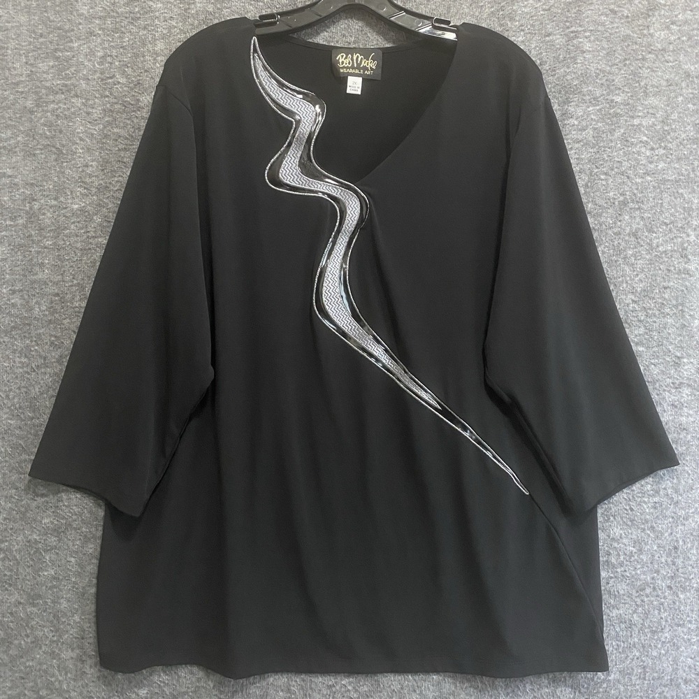 Bob Mackie Wearable Art Top Women 2X‎ Black Artsy Embroidered Stretch Tunic Goth